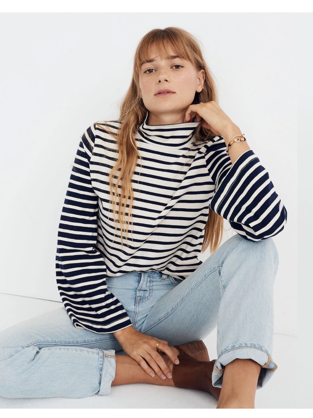 Madewell Wide-Sleeve Turtleneck in‎ Navy Blue Stripe-Block XL